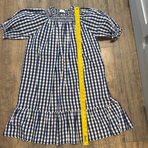NWOT LAKE Veranda Dress Navy Gingham Smocked Puff Sleeve Tiered Hem Medium - Picture 6 of 7
